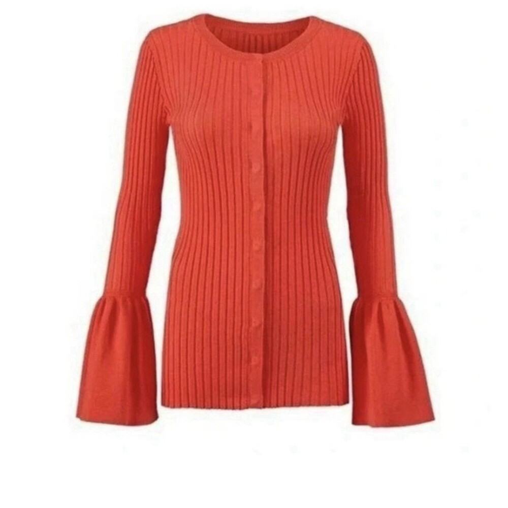 Cabi Trumpet Bell Sleeve Ribbed Cardigan Sweater size Small Red Style# 5285 Top